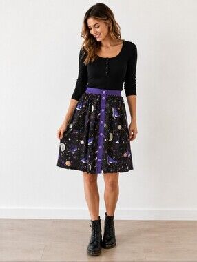Harkel Celestial Whale Space Print Button Front Midi Skirt UK 10 US 6